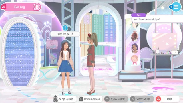 A Fashion Dreamer screenshot of the player in front of MiMi, who has an exclamation point over her head in blue.