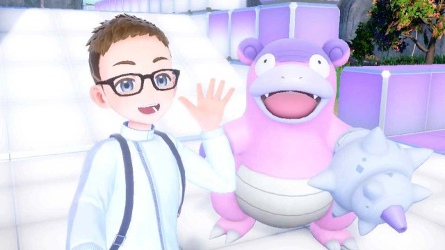 A Pokemon Indigo Disk player character taking a selfie with a galarian slowbro.