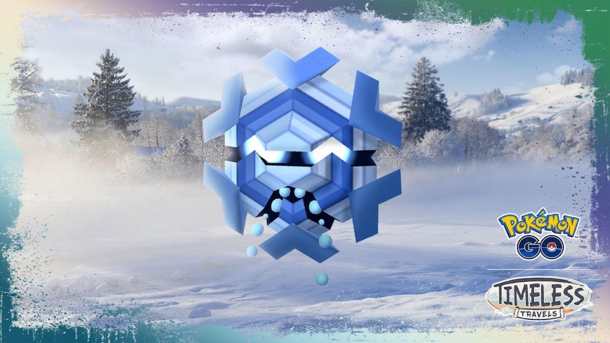 A Pokemon GO image of Cryogonal in the snow.