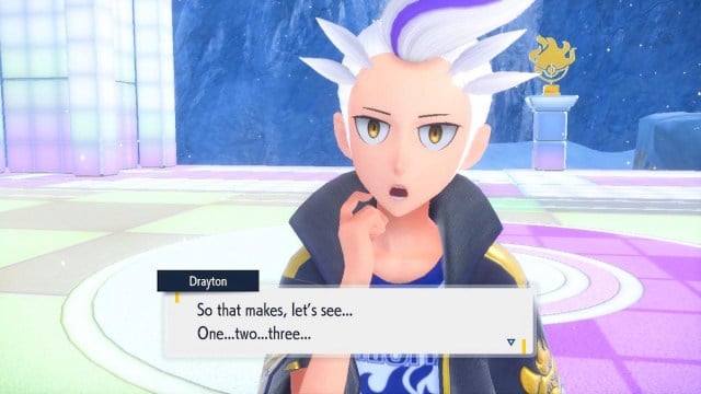 Pokemon Indigo Disk screenshot of Drayton talking to the player character after completing Drayton's trial.