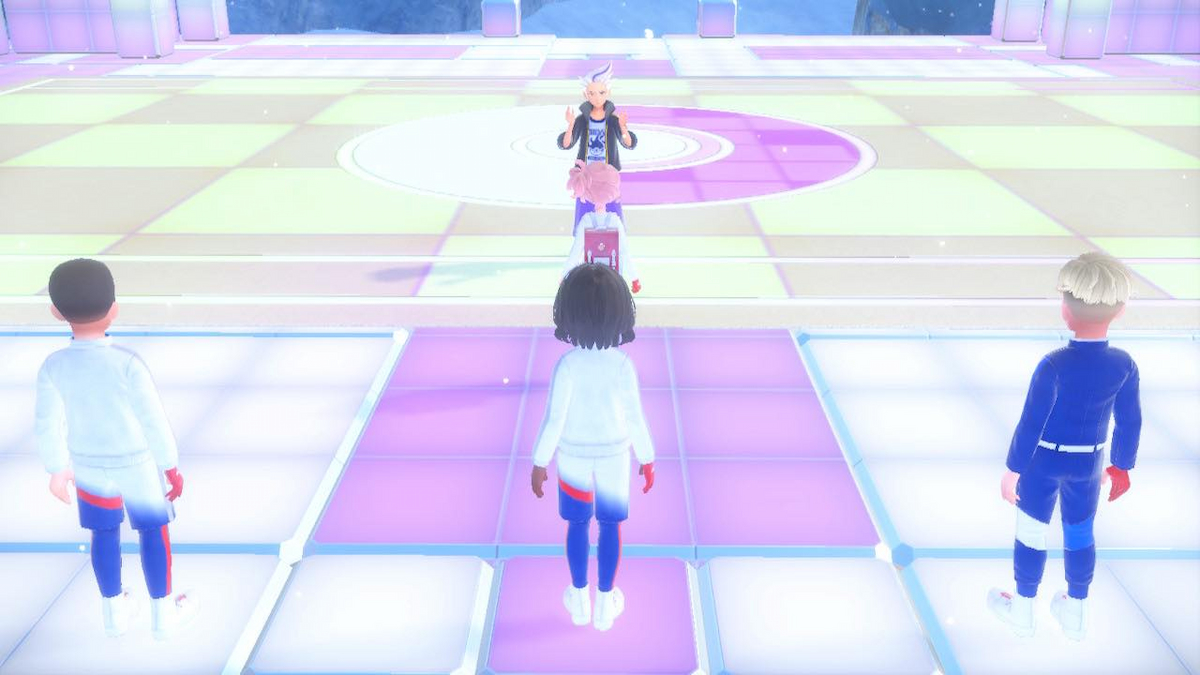 Pokemon Indigo Disk screenshot of the three trainers in Drayton's Elite Trail
