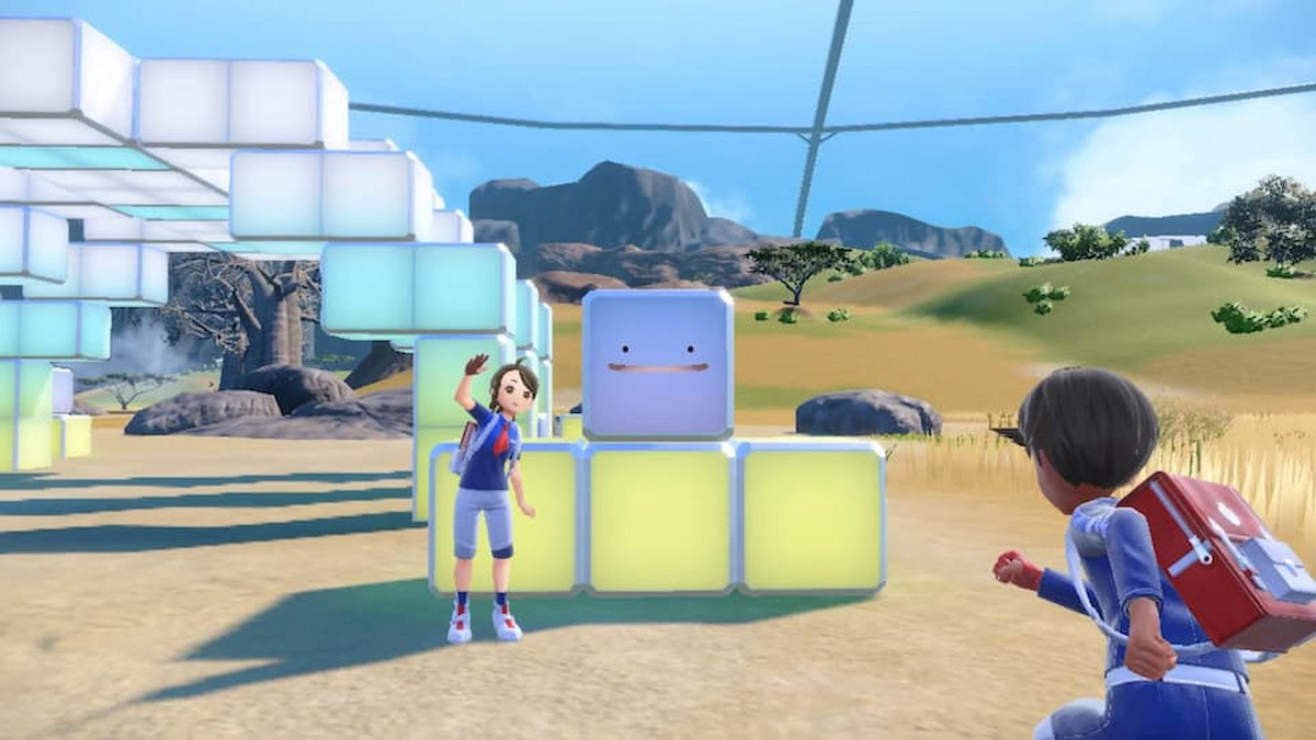 Pokemon Indigo Disk screenshot of a player character running toward a Ditto block in the savanna biome
