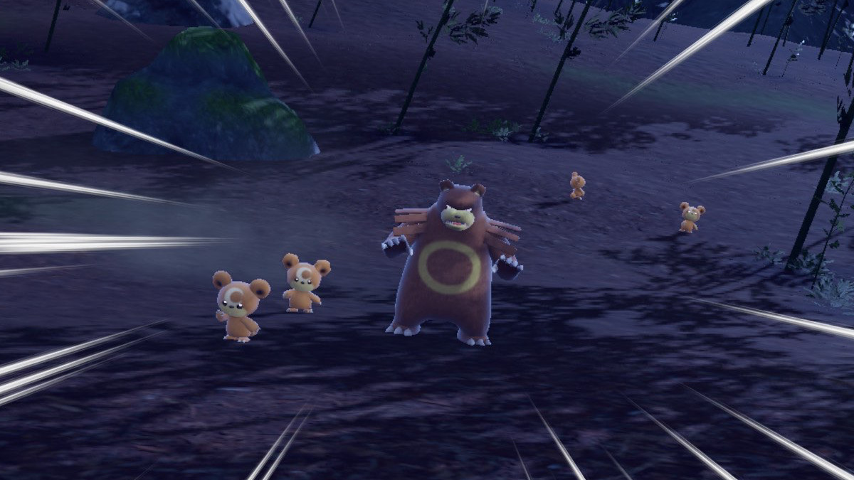 A Pokemon Scarlet and Violet screenshot of Ursaring and a group of Teddiursa with action lines coming from them.