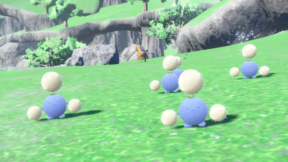 A Pokemon Scarlet and Violet screenshot of a group of Jumpluff in Area Zero.
