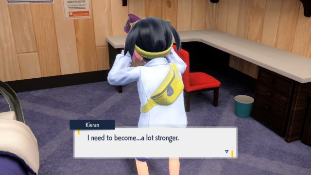 A Pokemon Scarlet and Violet: The Teal Mask screenshot of Kieran, frustrated. His text box reads, "I need to become... a lot stronger."