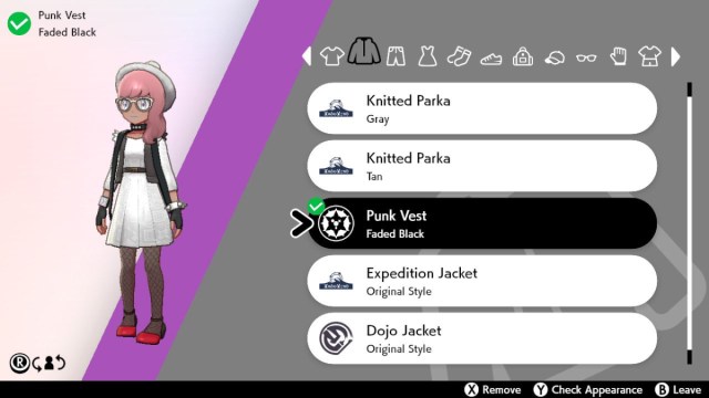 A Pokemon Sword and Shield screenshot of the player in the customization menu, looking through the outerwear.