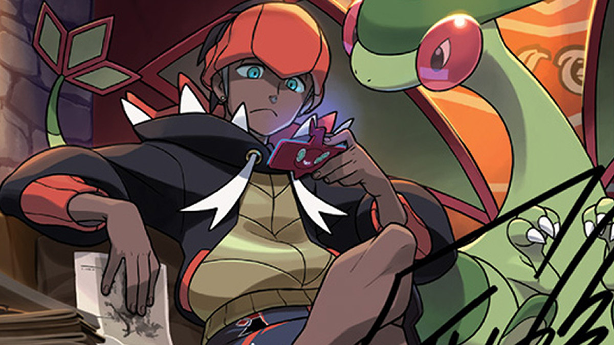 An official Pokemon TCG image of Raihan and Flygon looking at a Rotom Phone.