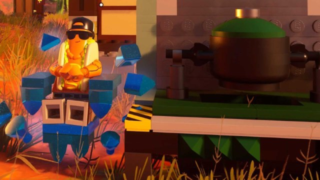 The Brat sitting by a Rare Crafting Bench in LEGO Fortnite