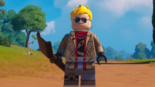 LEGO Jonesy in LEGO Fortnite holding a shovel. 