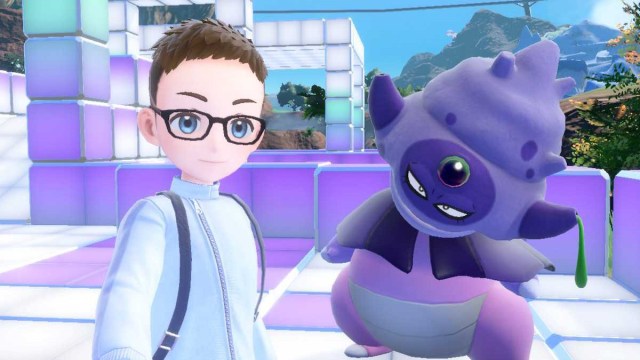 a pokemon indigo disk player character taking a selfie with a galarian slowking.