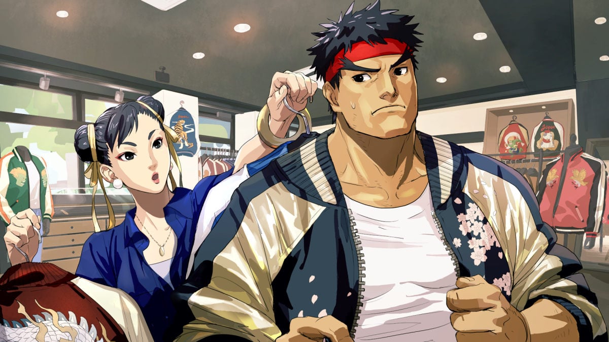 An illustration of Chun-Li buying clothes with Ryu in Street Fighter 6.