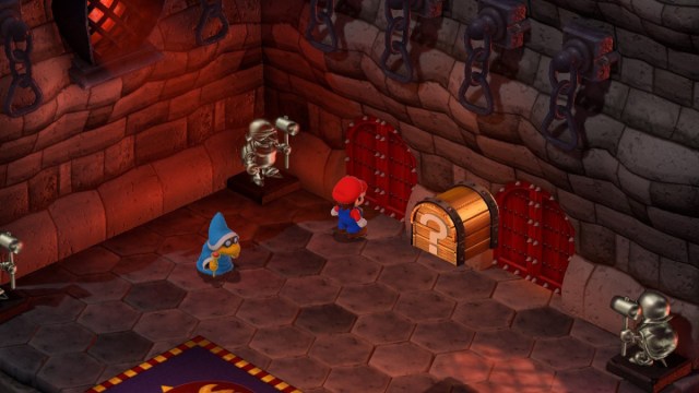 A Super Mario RPG screenshot of Mario in front of the door that leads to Croco's second shop in Bowser's Keep.