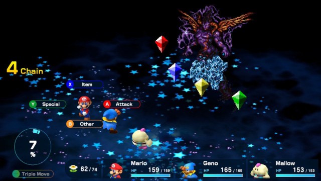 A Super Mario RPG screenshot of Mario, Geno, and Mallow fighting Culex and four crystals.