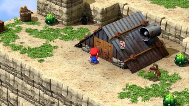 A Super Mario RPG screenshot of Mario standing in front of the item store where the Miner Toad's store is located.