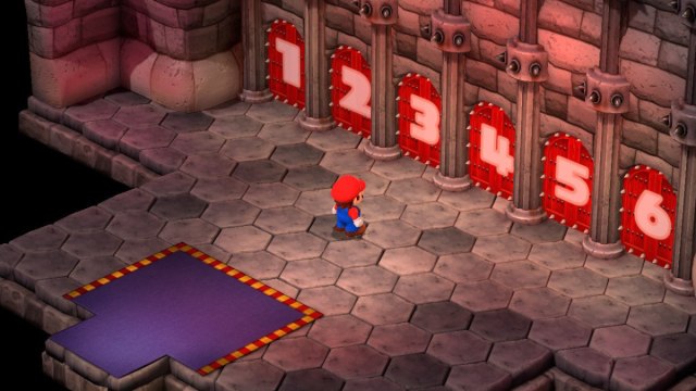 A Super Mario RPG screenshot of Mario in front of the six door challenge in Bowser's Keep.