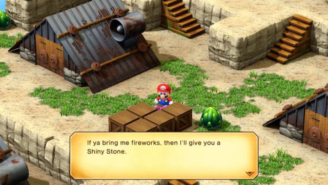 A Super Mario RPG screenshot of a mole telling Mario, "If ya bring me fireworks, then I'll give you a Shiny Stone."