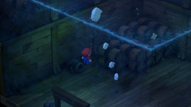 A Super Mario RPG screenshot of Mario in an underwater area in the Sunken Ship that leads to the Safety Ring, turning right to enter the barrel maze.