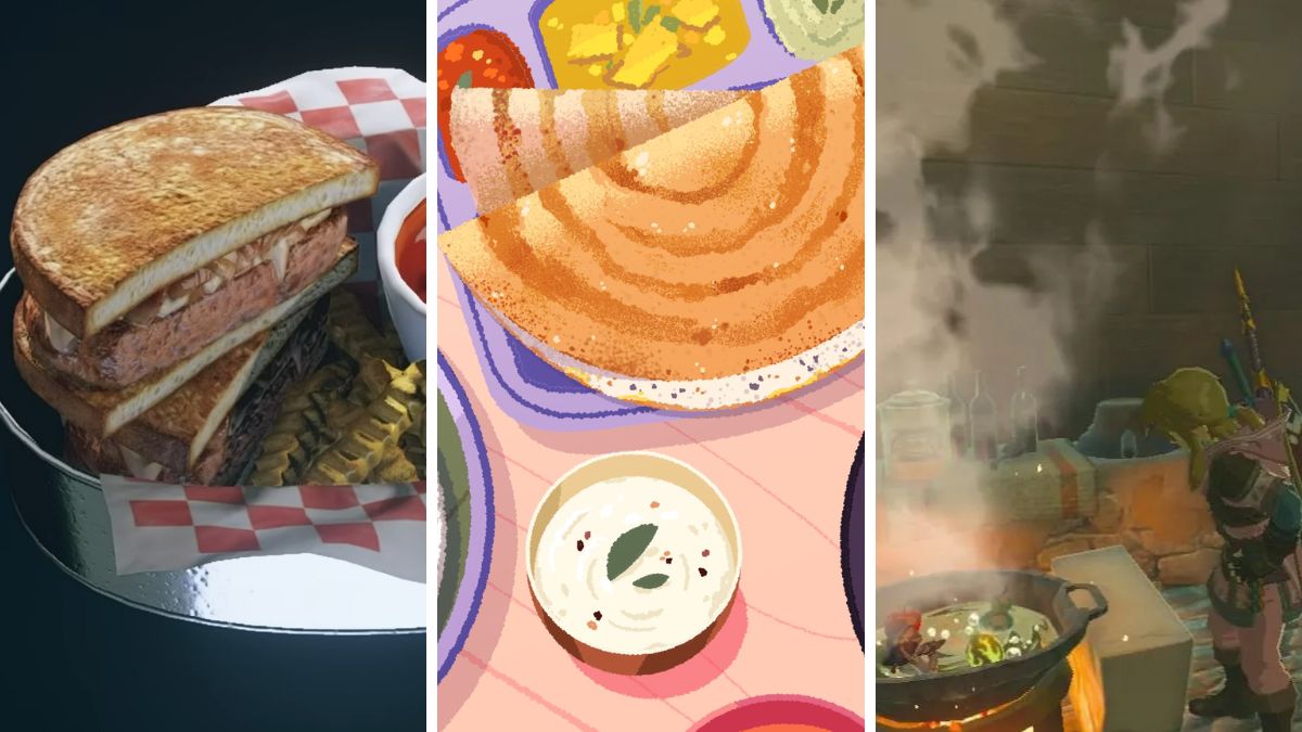 Screenshots of food from Starfield, Venba, and Zelda Tears of the Kingdom.