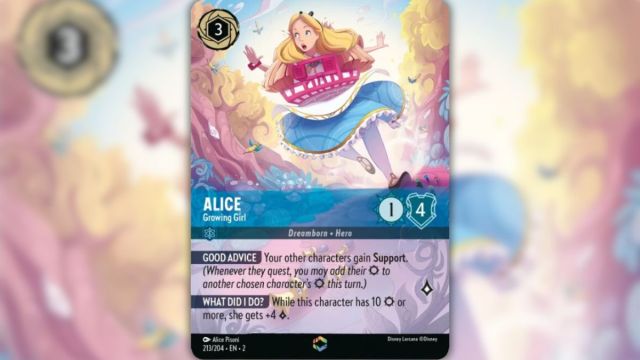 Image of the Disney Lorcana Rise of the Floodborn Alice Growing Girl alternate art card.