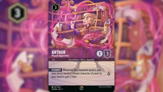 Image of the Disney Lorcana Rise of the Floodborn Arthur Wizard's Apprentice alternate art card.