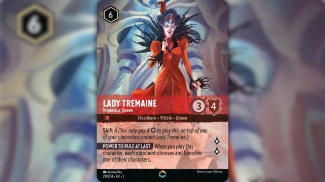 Image of the Disney Lorcana Rise of the Floodborn Lady Tremaine Imperious Queen Alternate Art card.