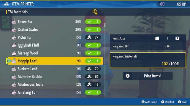 Pokemon Scarlet and Violet Item Printer Menu