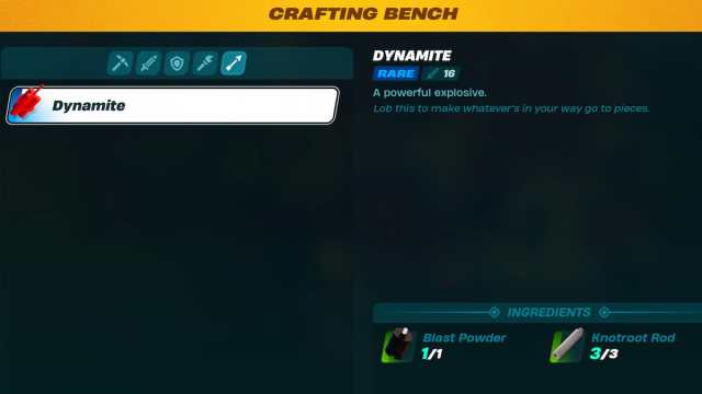 LEGO Fortnite dynamite in crafting bench menu