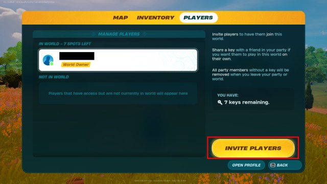 Screenshot of Players tab in LEGO Fortnite to invite friends to your world.