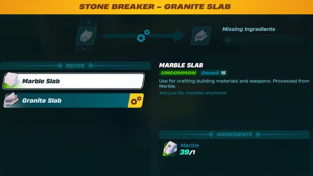 LEGO Fortnite marble slab in stone breaker menu