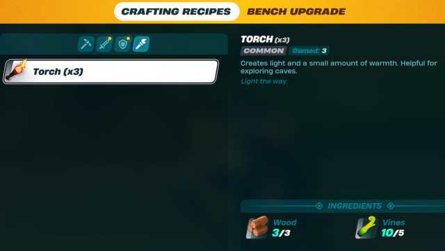 LEGO Fortnite torch crafting menu