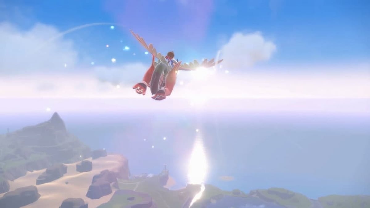 Pokemon Scarlet and Violet The Indigo Disk screenshot of a player character flying atop Koraidon over Paldea