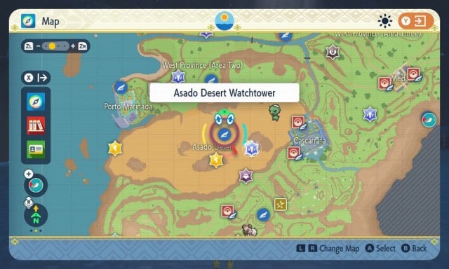 A Pokemon Scarlet and Violet screenshot of the map location of Asado Desert.