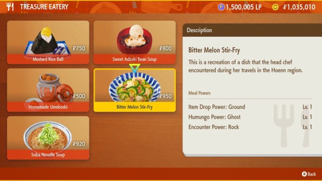 A Pokemon Scarlet and Violet screenshot of Bitter Melon Stir Fry for sale in Treasure Eatery.