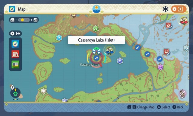 A Pokemon Scarlet and Violet screenshot of the map location of Casseroya Lake.