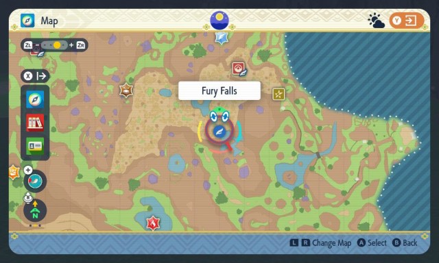 A Pokemon Scarlet and Violet screenshot of the map location of Fury Falls.