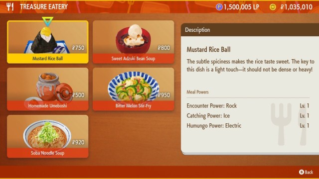 A Pokemon Scarlet and Violet screenshot of Mustard Rice Ball for sale in Treasure Eatery.