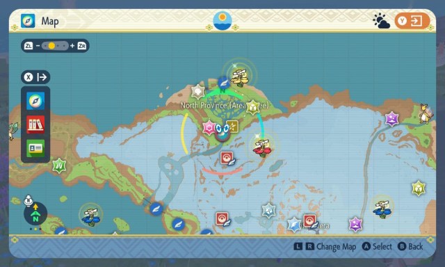 A Pokemon Scarlet and Violet screenshot of the map location of easy Special Attack training.