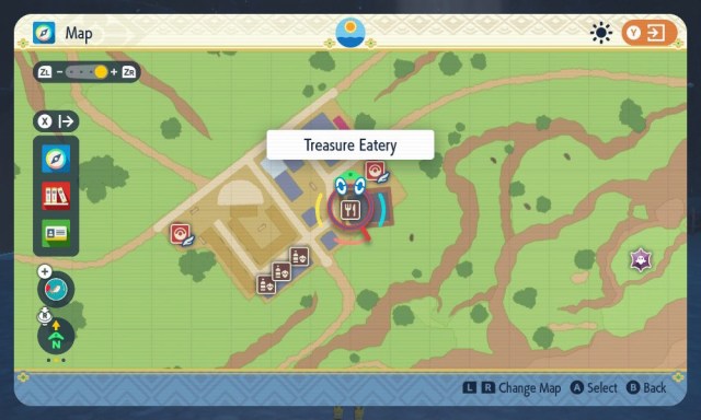 A Pokemon Scarlet and Violet screenshot of the map location of Treasure Eatery in Medali.