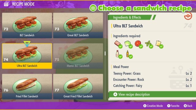 A Pokemon Scarlet and Violet screenshot of the recipe and effects of the Ultra BLT Sandwich.