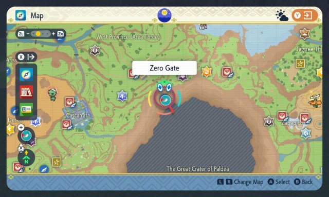 A Pokemon Scarlet and Violet screenshot of the map location for the Zero Gate leading to Area Zero.