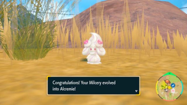 Screenshot of Milcery evolving into Alcremie in Pokemon Scarlet and Violet The Indigo Disk.