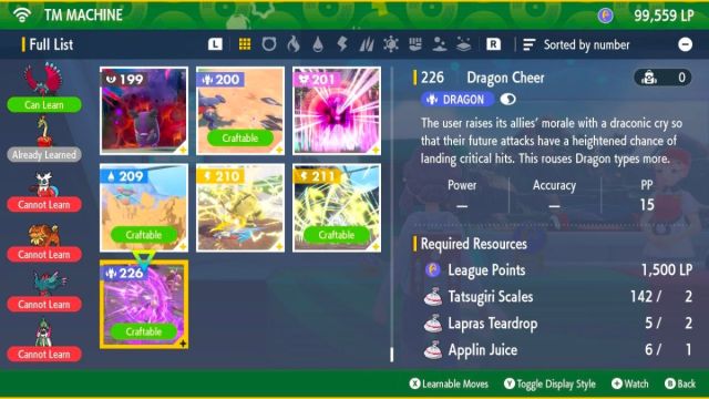 Screenshot of crafting Dragon Cheer TM in Pokemon Scarlet & Violet.