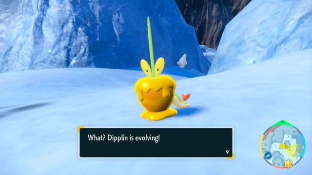 Screenshot of Dipplin evolving in Pokemon Scarlet & Violet.