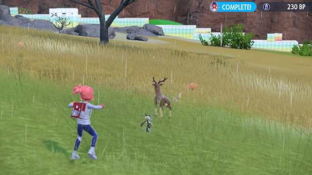 Pokemon Scarlet and Violet screenshot of a player character aiming a Poke Ball at a Sawsbuck in the Blueberry Academy's Savannah Biome.