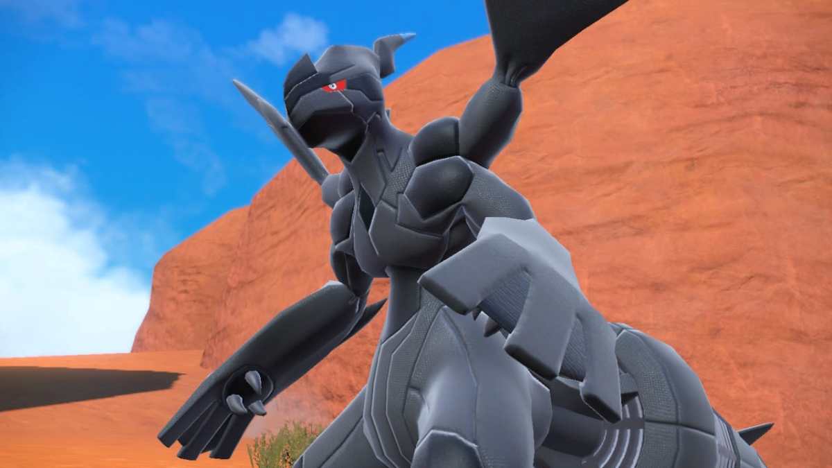 Zekrom located on a cliff in Paldea in Pokemon Scarlet and Violet: The Indigo Disk.