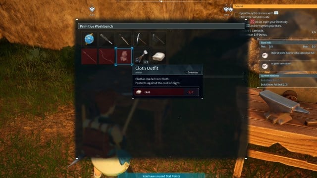 Palworld screenshot of the option to craft cloth armor at a primitive workbench