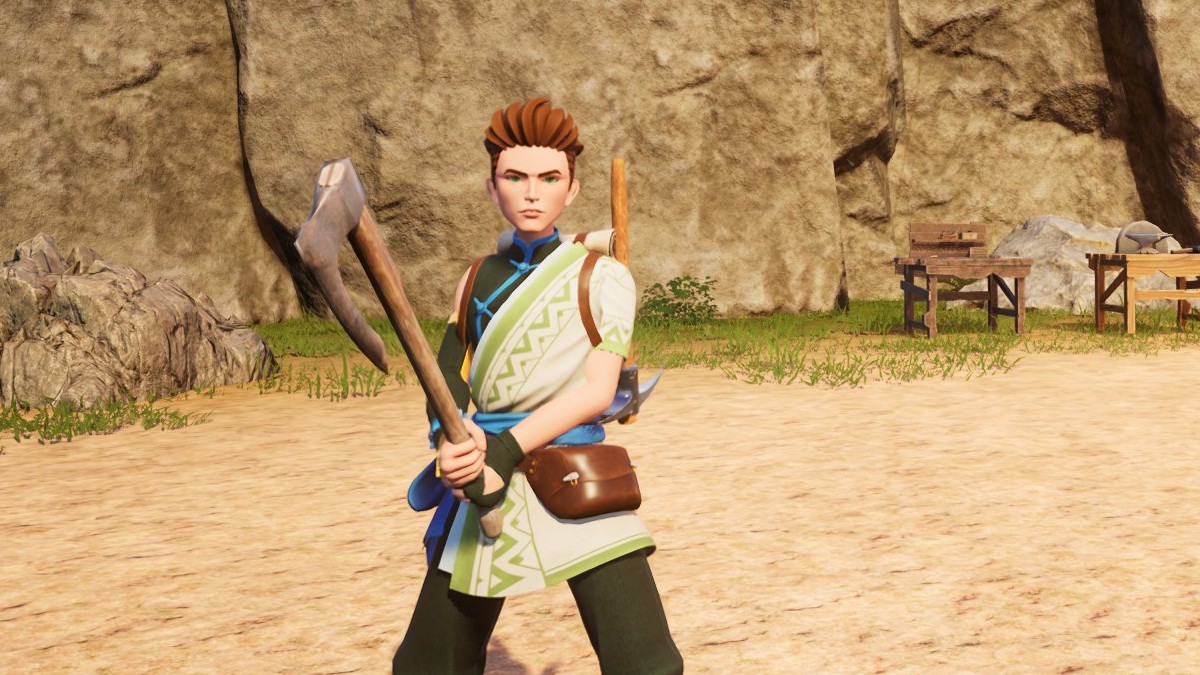 Palworld screenshot of a player character wearing cloth armor and holding a stone axe