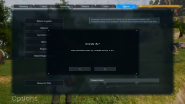 Palworld screenshot of the Return to Title menu option