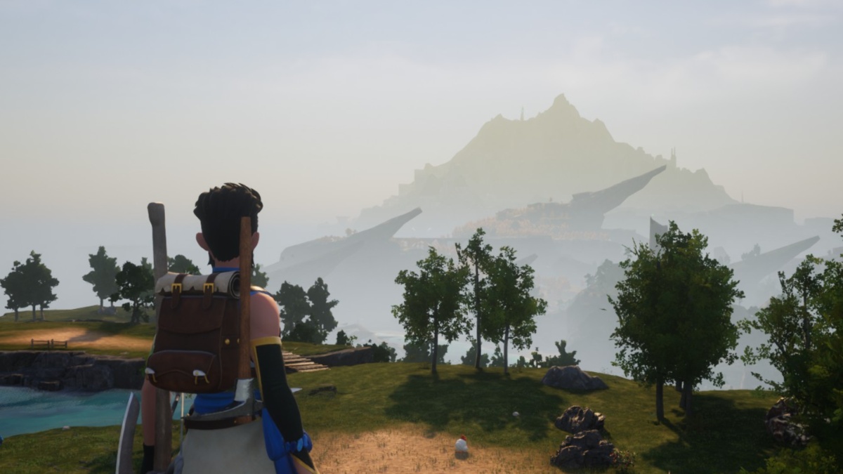 Palworld screenshot of a player character looking out toward a distant mountain