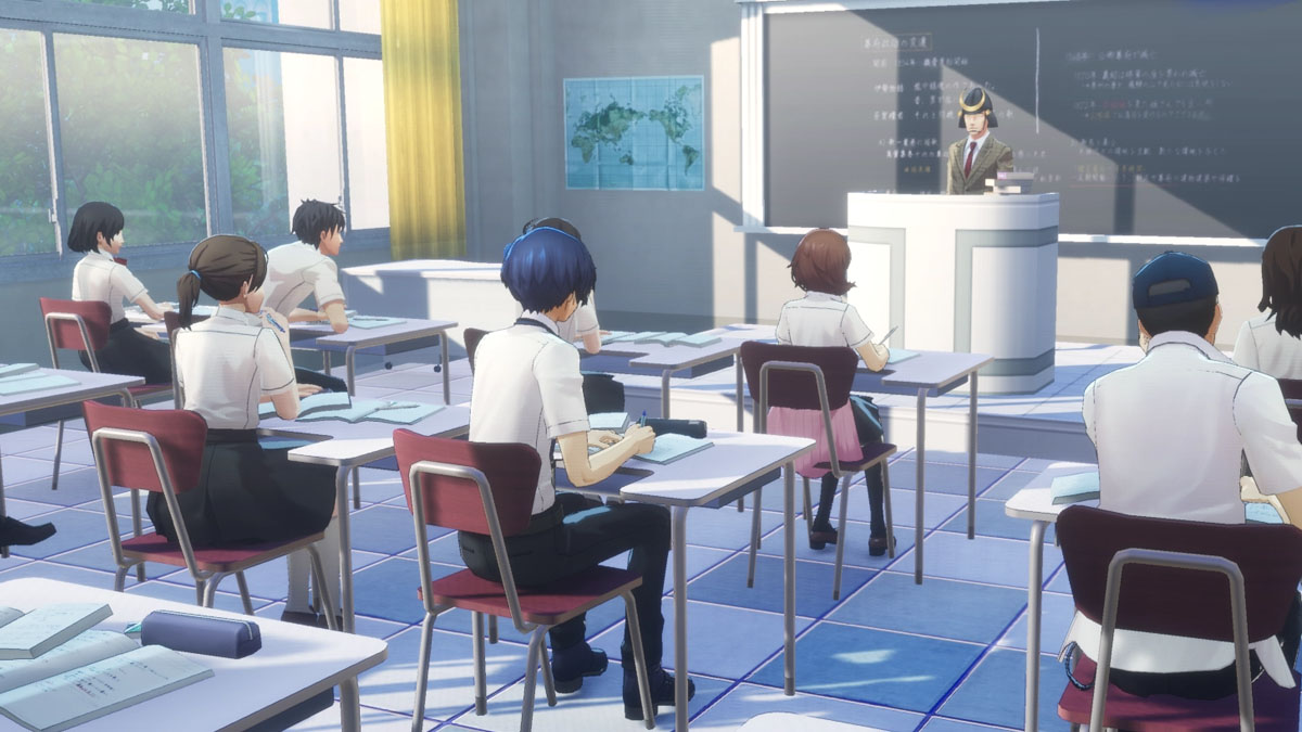 Persona 3 Reload protagonist sitting in class
